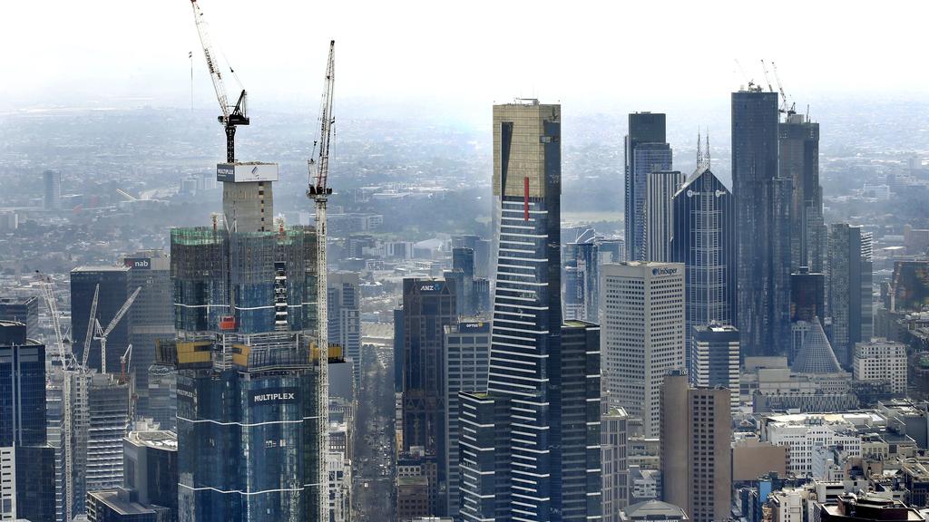 Helicopter view of Melbourne's cranes/skyline