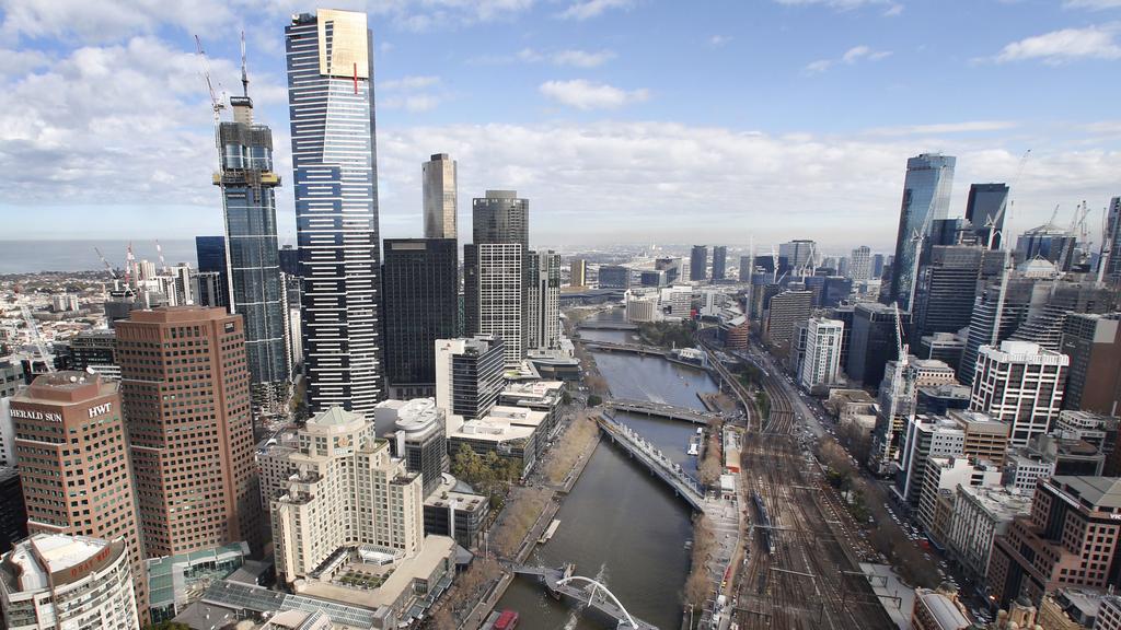 Helicopter view of Melbourne's cranes/skyline