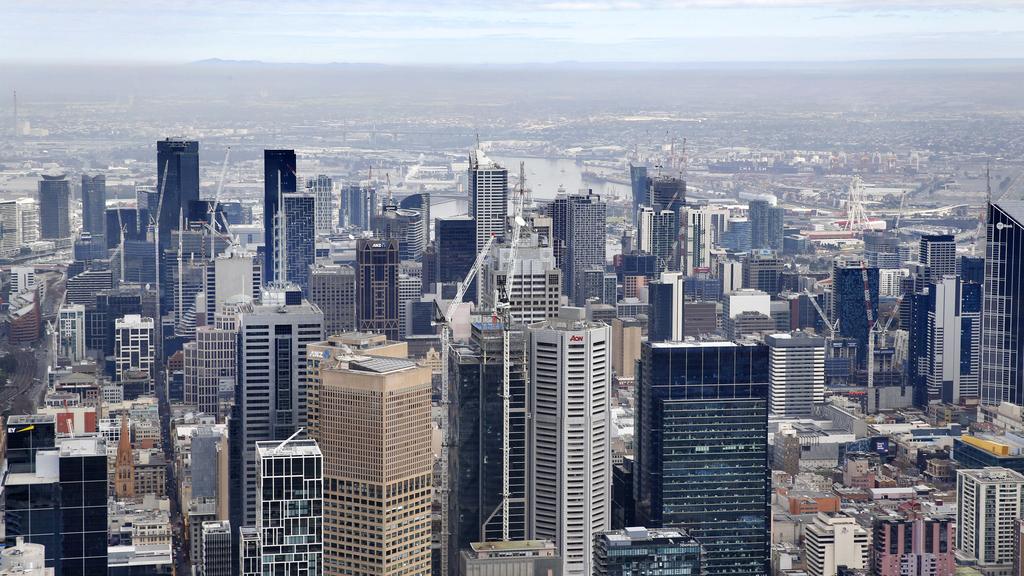 Helicopter view of Melbourne's cranes/skyline