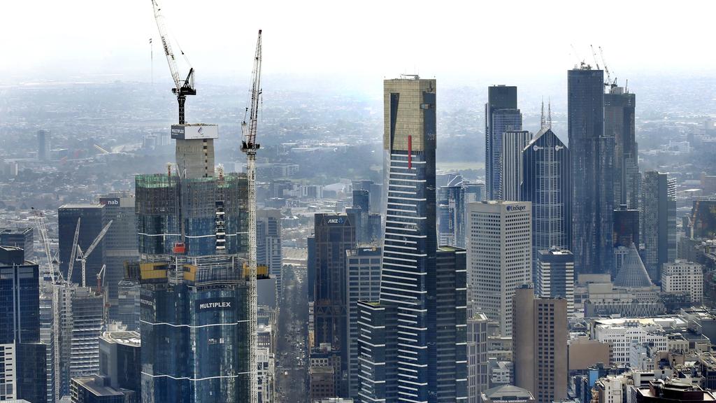 Helicopter view of Melbourne's cranes/skyline