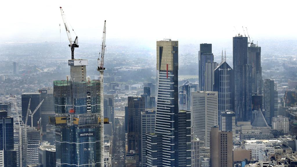 Helicopter view of Melbourne's cranes/skyline