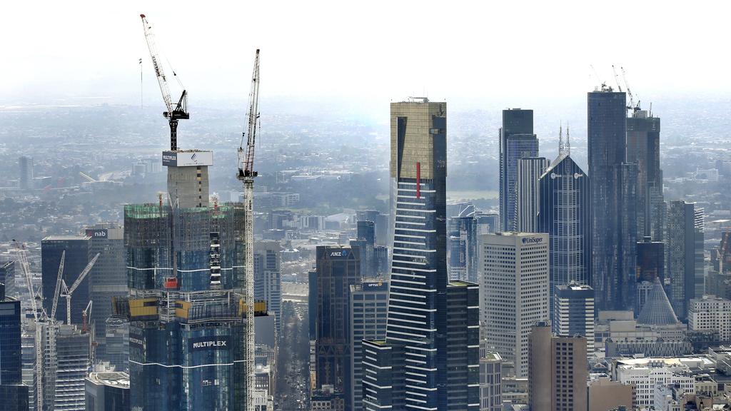 Helicopter view of Melbourne's cranes/skyline