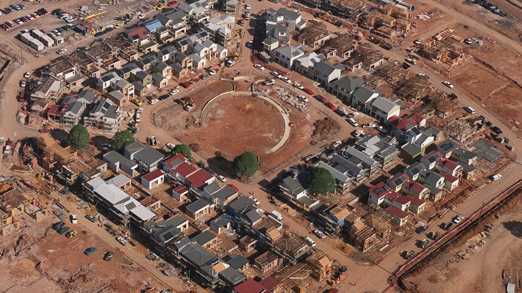 Aerial of view of athletes village site at Homebush Bay for Sydney 2000 Olympic Games, 03/06/98. NSW / Industry / Construction / Venue Olympic2000